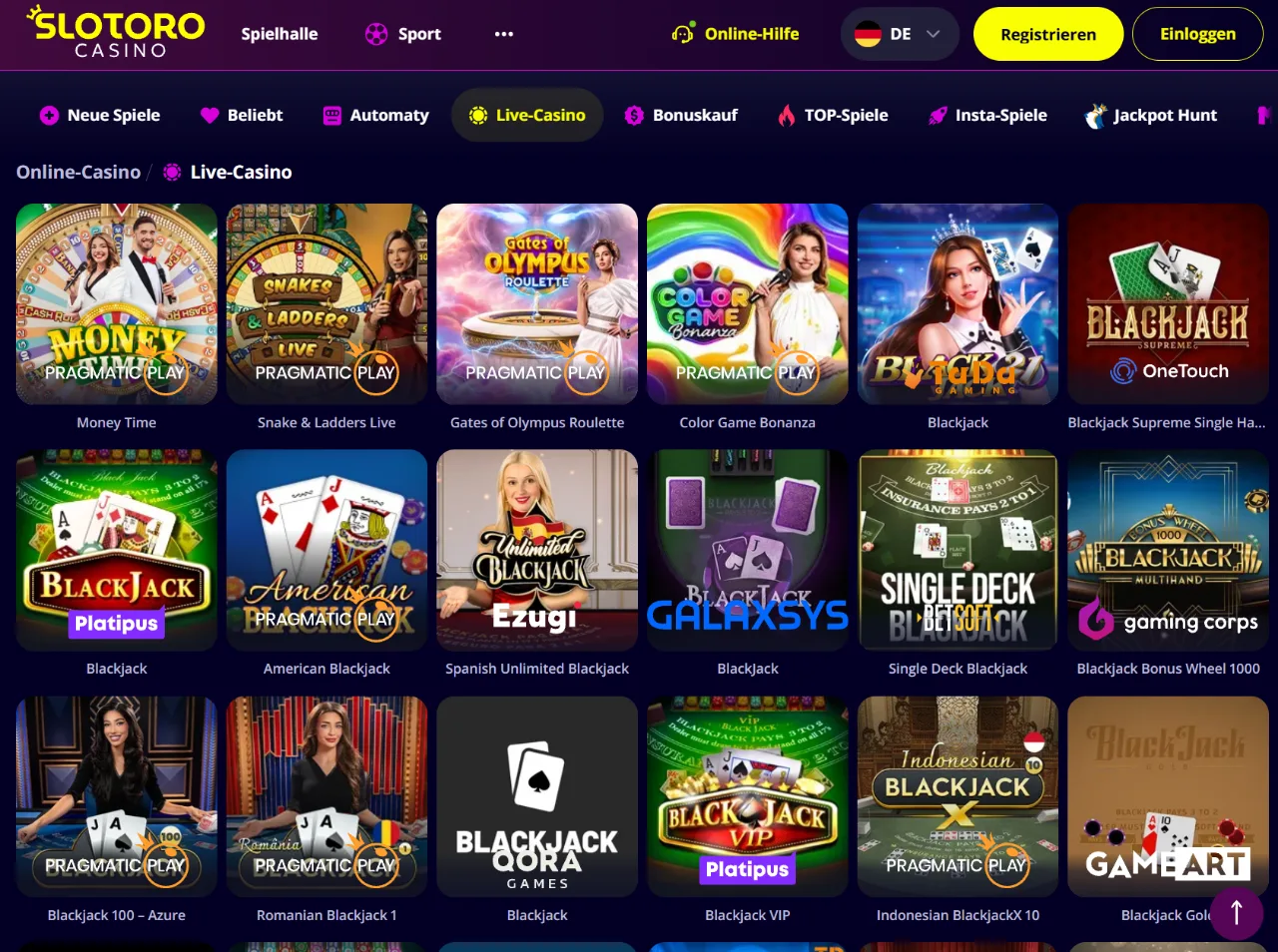 Slotoro Live-Casino-Übersicht
