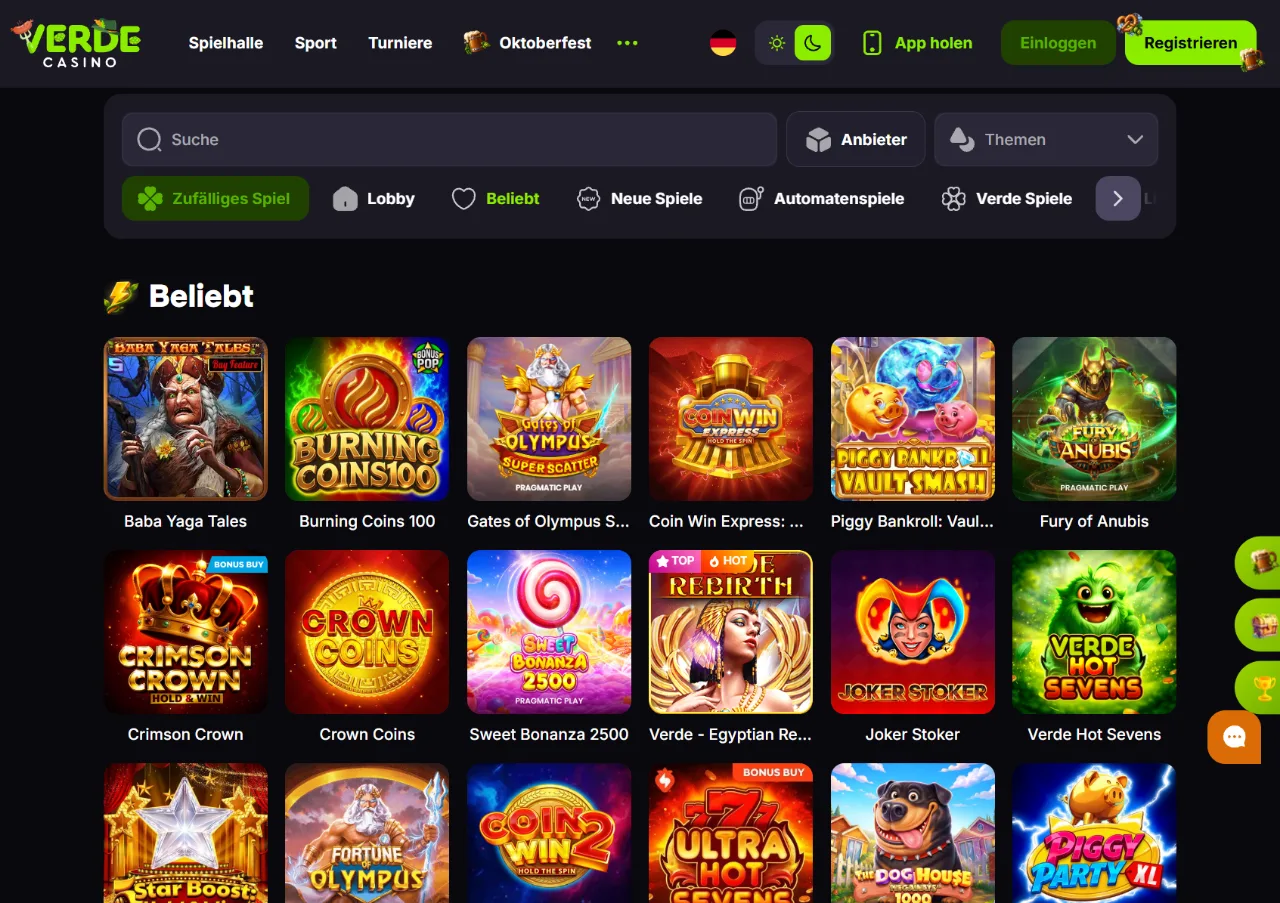 VerdeCasino Startseite, beliebte Spiele