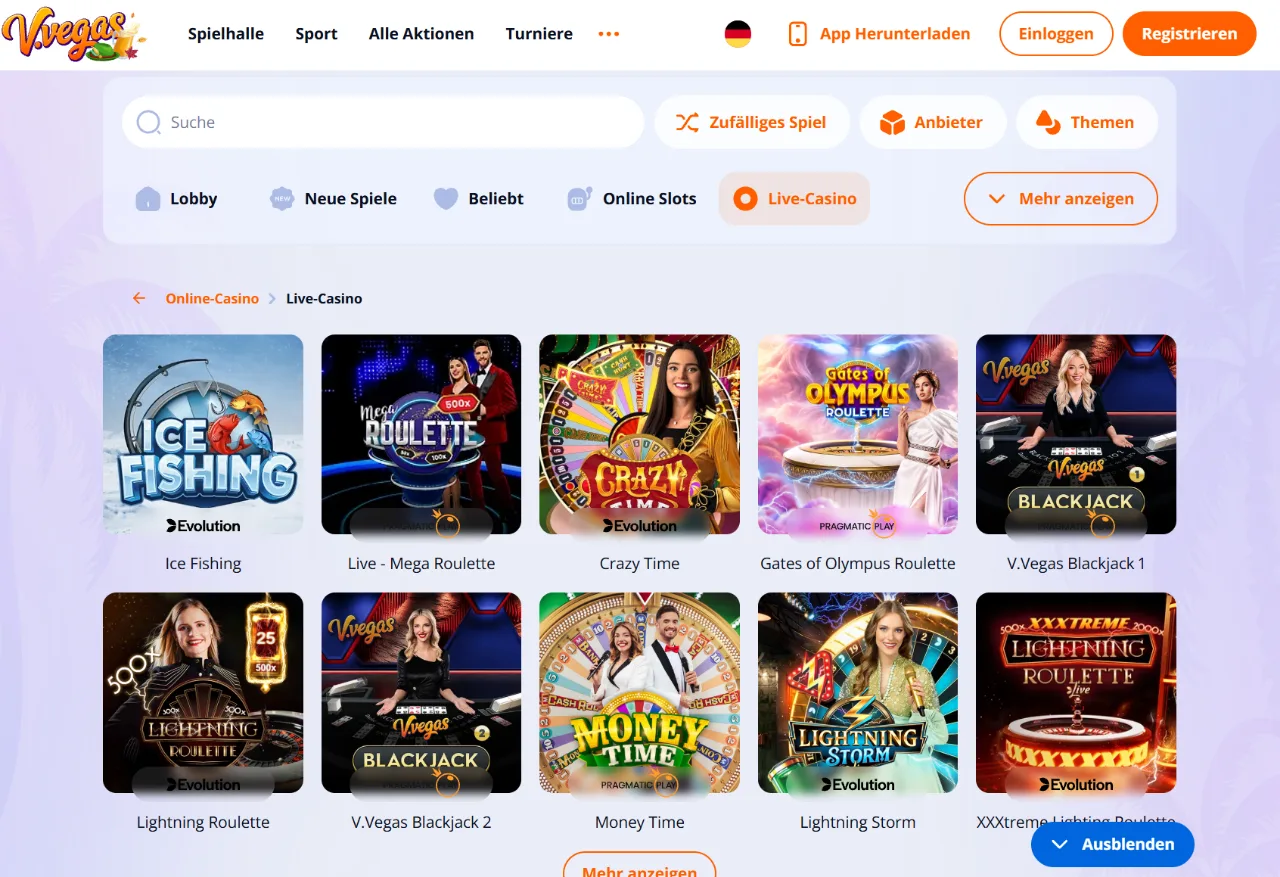 V.Vegas Live-Casino-Übersicht