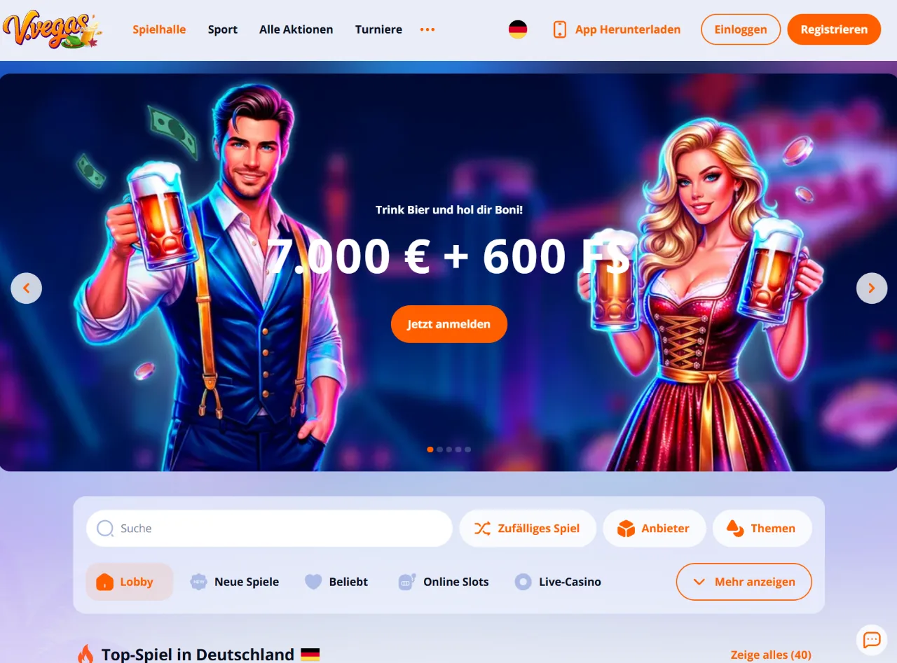 V.Vegas Startseite mit aktuellem Willkommensangebot
